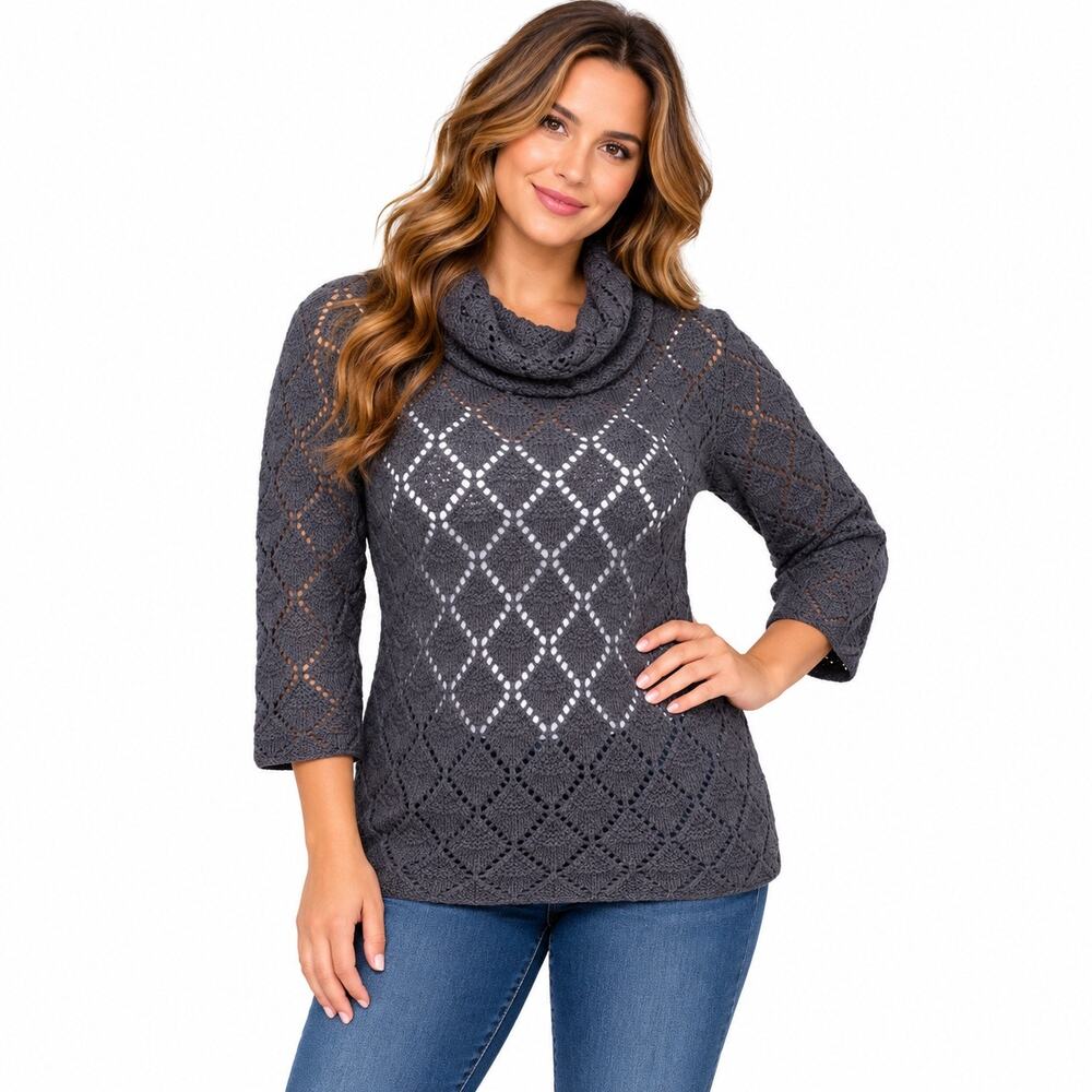 Old Navy Womens Cowl Neck Crochet Open Knit Sweater Gray Pullover Large